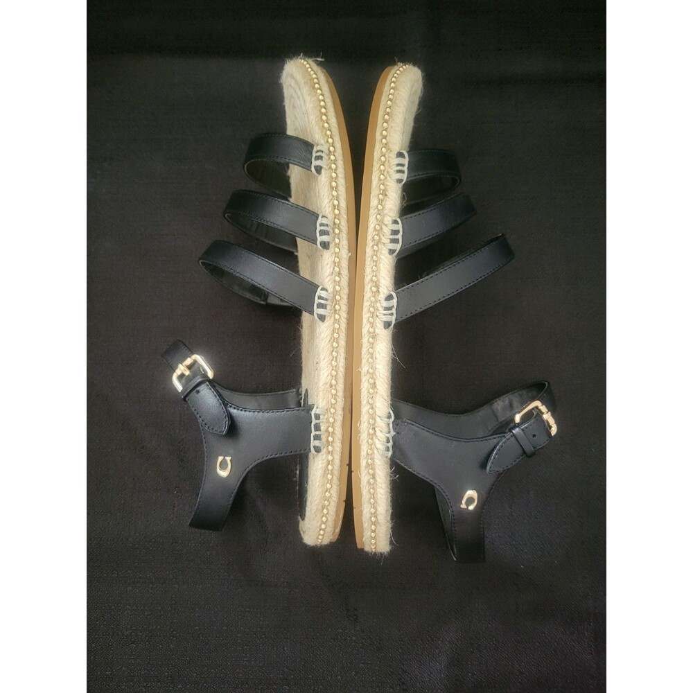 Coach Carissa Black Leather Espadrille Sandal Jute Gold Buckle 8B EUC - Picture 3 of 8